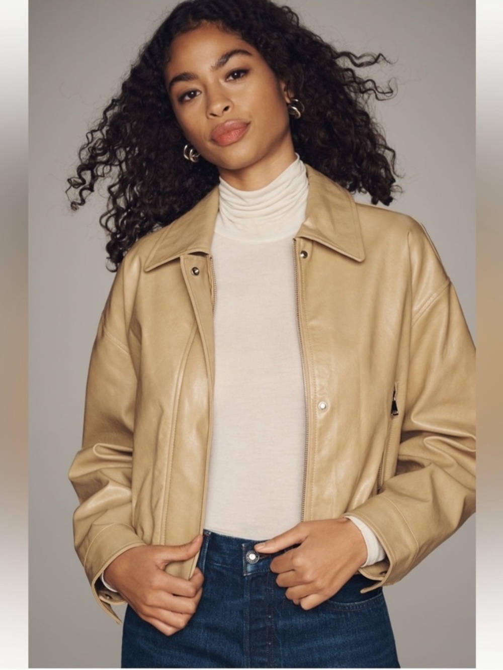 Anthropologie Maeve Faux Leather Bomber Jacket Tan Camel Zip NWT L